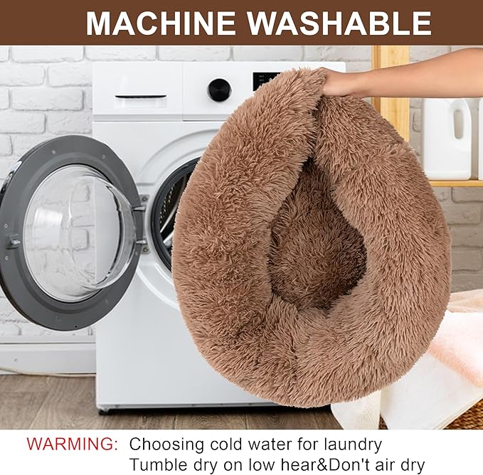 Dog Bed Calming Dog Beds for Small Medium Large Dogs - Round Donut Washable Puppy Dog Bed, Anti-Slip Faux Fur Fluffy Donut Cuddle Anxiety Cat Pet Bed(16'' Khaki