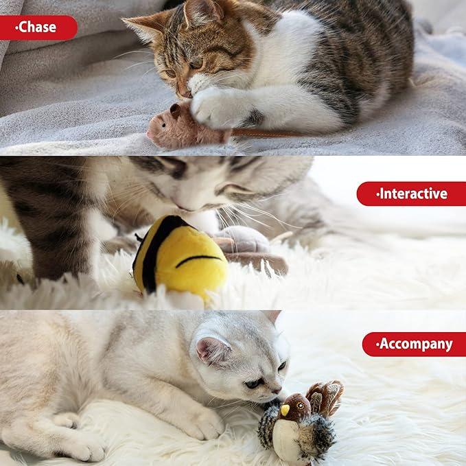 Gigwi Interactive Cat Toy Set, Squeaky Cat Feather Toys for Indoor Cats, 3PCS Cat Plush Toy Pack Including Mouse Hunt Cat Toy, Cat Chase Bird Toy, Cat Chirping Bee Toy
