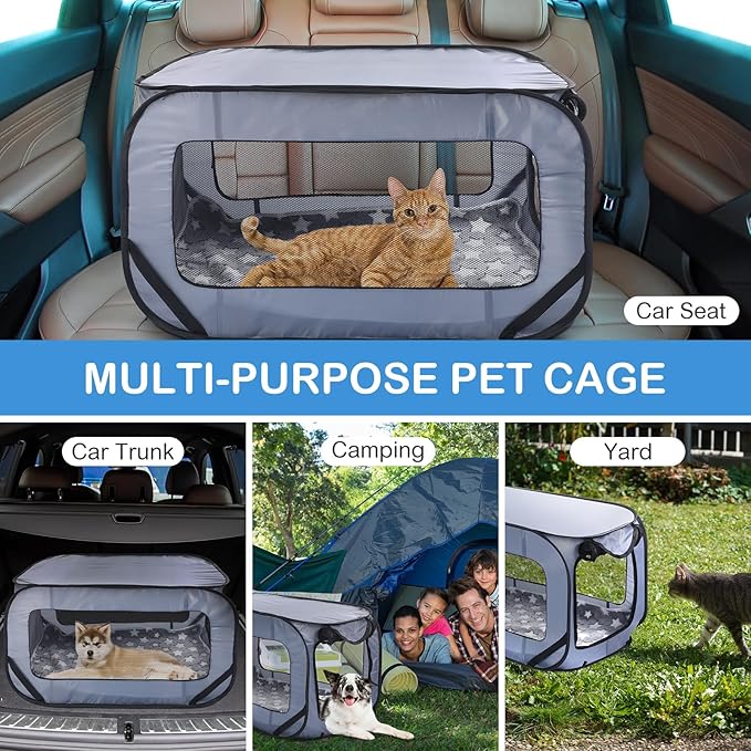 37 Inch Portable Cat Dog Crate with Mat Liner Pop up Dog Kennel Pet Tent Car Seat Travel Kennel Bed for Indoor Outdoor Waterproof Pet Crate Cage for Large Cat Medium Puppy Camping(Gray)