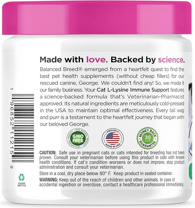 Balanced Breed L-Lysine Cats Immune Support Soft Chews Made in USA Non-GMO Vet-Pharmacist Approved Krill Oil Omega 3 Cat Vitamins Indoor Cats Supplements Asthma Relief Cat Lysine Allergy Relief 60 ct.