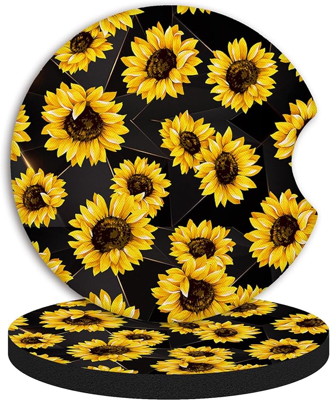2 Pack 2.75" Sunflowers Coasters Absorbent for Women & Men Auto Drink Coasters Mats Vehicle Car Coaster for Interior Holder Accessory Insert Cars Cup Accessories