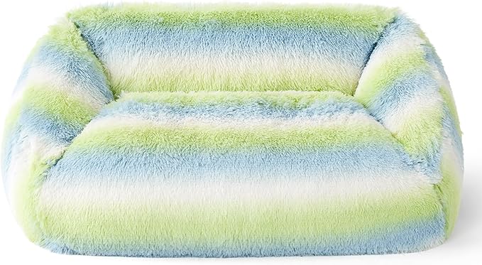 Lesure Cute Cat Couch Bed - Furry Indoor Cat Sofa Large, Washable Calming Small Dog Beds for Puppy with Fashion Design, 26x21x9inches, Green Stripe