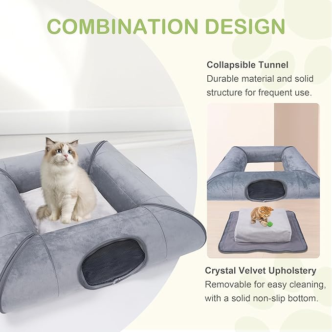 Cat Tunnel Bed for Multiple Kittens and Rabbits, Foldable Indoor Peekaboo Pet Cave, Sturdy and Scratch Resistant, Removable and Washable Soft Cushion - Cat Interactive Toys (Gray, with Door)