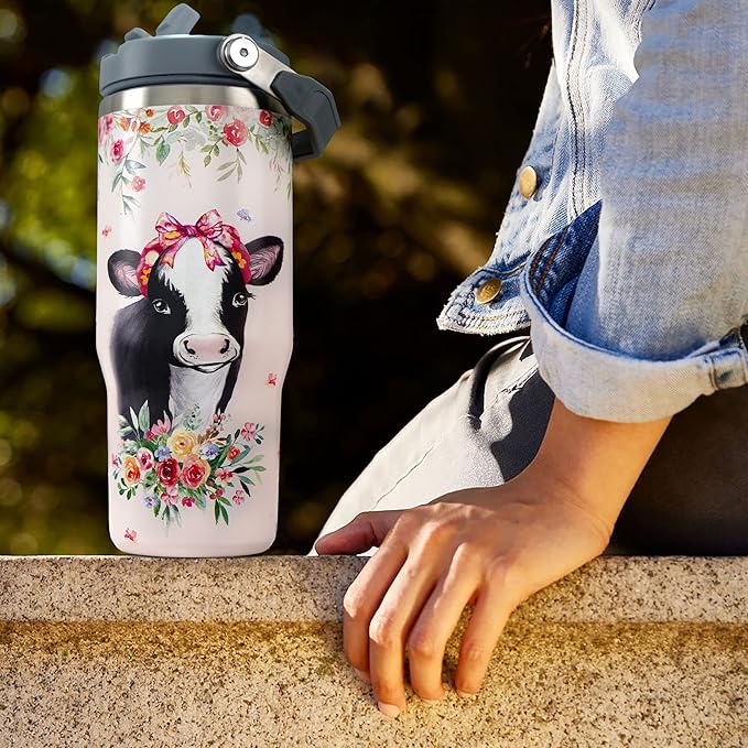 30oz Cow Print Tumbler with Handle and Straw, Just A Girl Who Loves Cows, Cow and Flower Coffee Cup, Stainless Steel Vacuum Insulated Tumbler, Cow Stuff Accessories Decor, Cow Gifts for Women