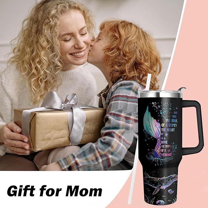 40 Oz Mermaid Tumbler with Handle and Straw, Double Wall Stainless Steel Mermaid Mug, Mermaid Cups Insulated Mermaid Coffee Mug, 40 Oz Leak Proof Mermaid Coffee Cup and Mermaid Gifts for Women