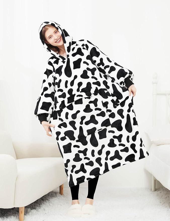 KFUBUO Wearable Blanket Hoodie for Adult Long Sherpa All Patterns Cow Oversized Hoodie Sweatshirt Blanket Cute Birthday Gifts for Women