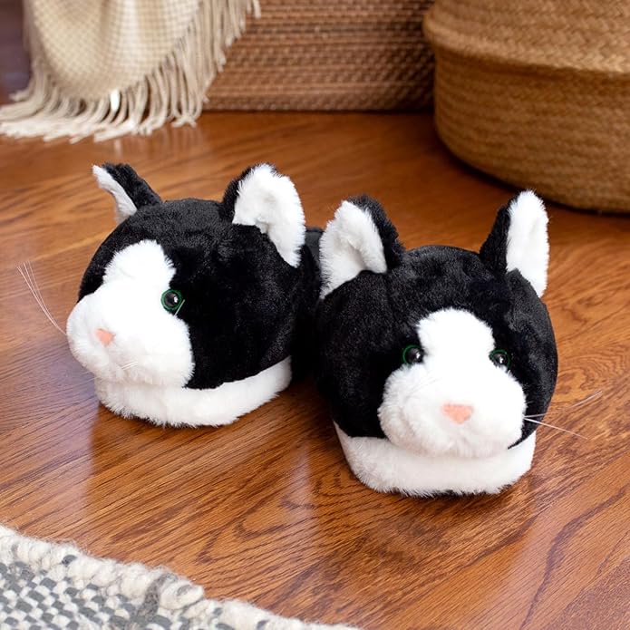 Black and White Kitty Slippers for Women and Men - Fuzzy Plush Tuxedo Cat Slippers for Adults