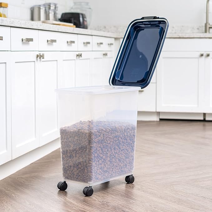 IRIS USA Airtight Dog Food Storage Container, Up to 40 lbs, Attachable Wheels, For Dog Cat Bird and Other Pet Food Storage Bin, Keep Fresh, Translucent Body, Easy Mobility, Navy