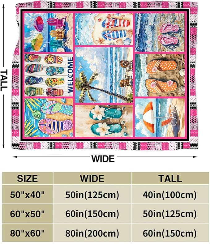 Coastal Blanket Ultra Soft Cozy Ocean Beach Palm Tree Throw Blanket Fleece Fuzzy Plush Bedding Blanket Beach Flip-Flops Decor Gifts for Women Girls Adults Couch Sofa 80"x60"
