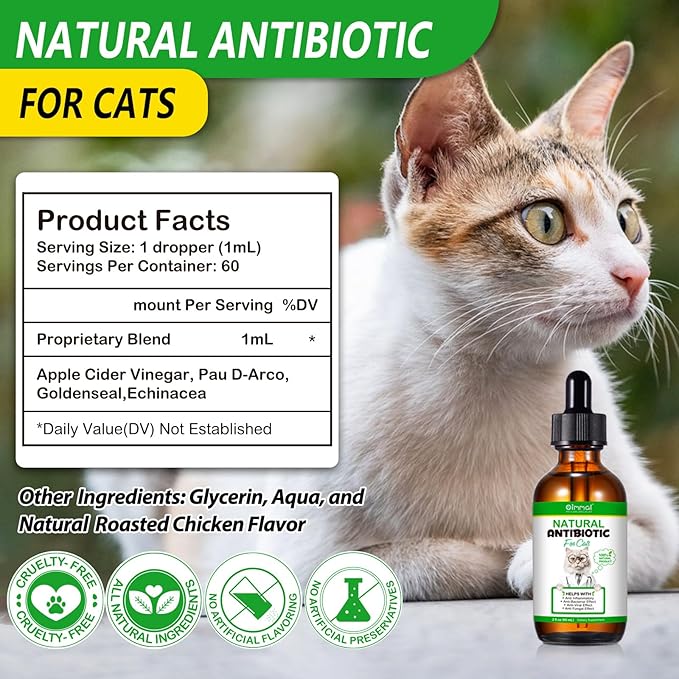 Antibiotics for Cats, Premium Cat Antibiotics Supplemen, Natural Antibiotic for Cats, Pet Supplements, Cat Antibiotics Supports Immune & Cats Allergy Relief, Cats Multivitamin - 2 Fl Oz / 60ML