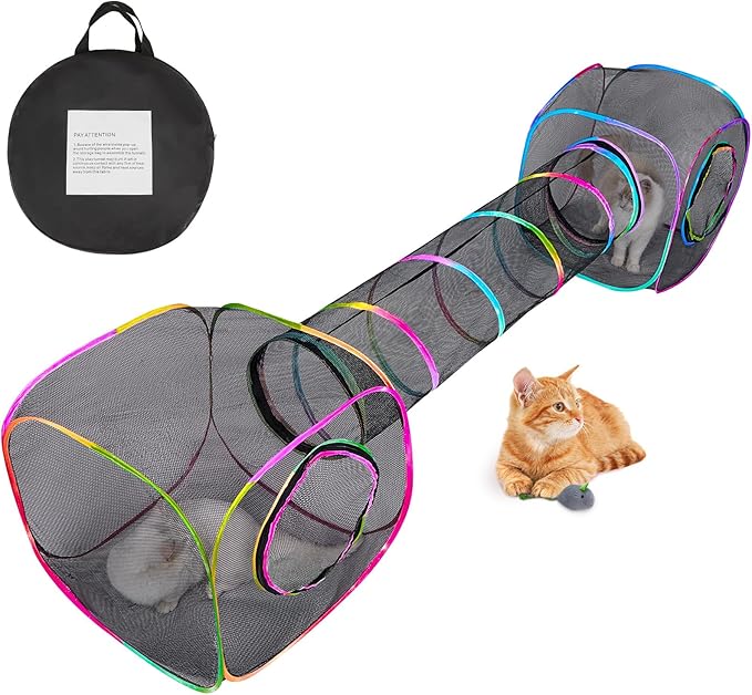 Outdoor Cat Enclosures Portable Cat Tunnel with Carry Bag Breathable Cat Tent Outdoor with 2 Mouse Toys Outside Cat Enclosure for Indoor Cats (2 Cubes + Run Tunnel)