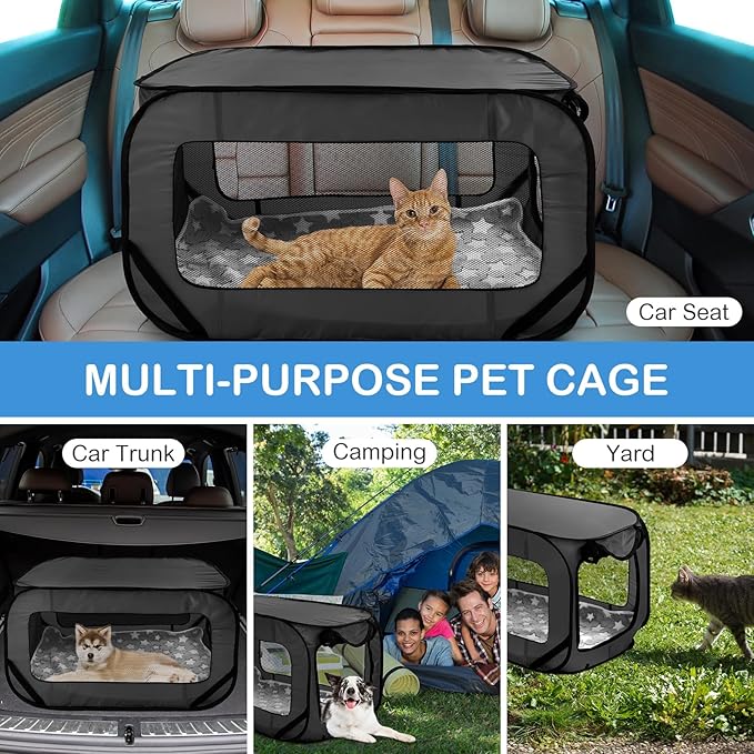 37 Inch Portable Cat Dog Crate with Mat Liner Pop up Dog Kennel Pet Tent Car Seat Travel Kennel Bed for Indoor Outdoor Waterproof Pet Crate Cage for Large Cat Medium Puppy Camping(Black)