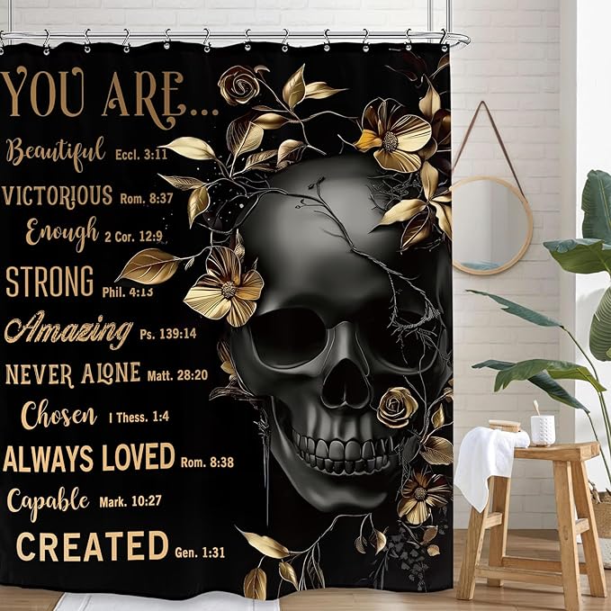 Black Gold Skull Shower Curtain 60Wx72L Inch Quotes Inspirational Motivational Positive Leaves Plant Cool Bathroom Set Accessories Decor with 12 Pack Hooks