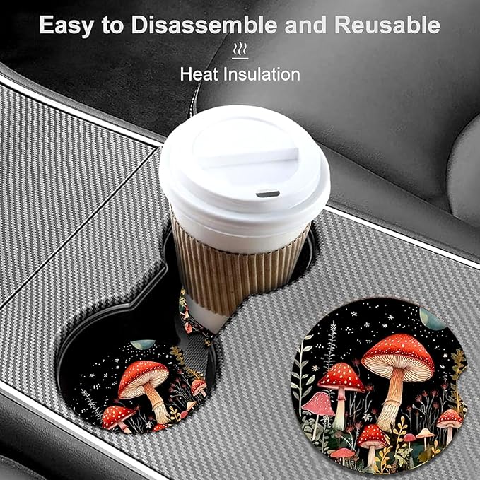 Car Coasters for Cup Holders,2 Pack Starry Night Mushroom Car Coasters,2.75" Universal Size Anti Slip Rubber Mat,Automotive Cup Holder Decal Decor Accessories,Mushroom Gifts for Women,Men,Mom