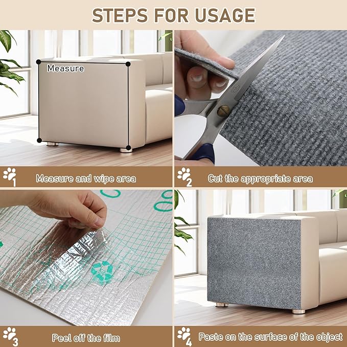 Cat Scratching Climbing Carpet Mat, Self-Adhesive Trimmable Anti Cat Scratcher Couch Furniture Protector from Cat Claws, Cat Post Covered Pad Replacement for DIY Cat Tree (Light Gray, 15.8" x 79")