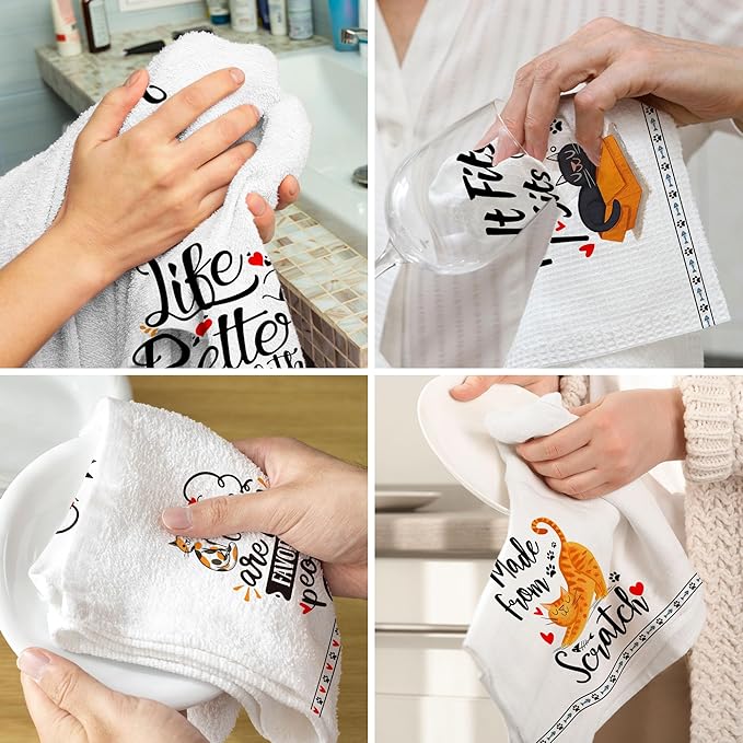 Hexagram Cat Kitchen Towels Set of 4, Funny Cat Mom Gifts for Women Lover, Cute Dish Hand Towels for Housewarming Kitchen Decor