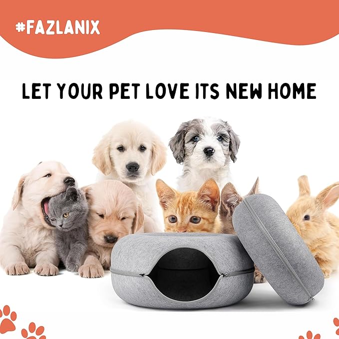 Large Grey Pet Round Tunnel Cave | Toy Hiding Tent for Pets, Kittens, Rabbits, Puppies | Flexible Zipper Detachable Design Size 61x61x28cm, 1,1KG