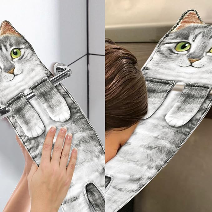 Cat Hand Towels for Kitchen Bathroom - Cute Cat Decor Gadgets - Hanging Soft Absorbent Hand Face Towel - Funny Birthday Mothers Day Housewarming Holiday Unique Gifts for Women Mom Lady Cat Lovers