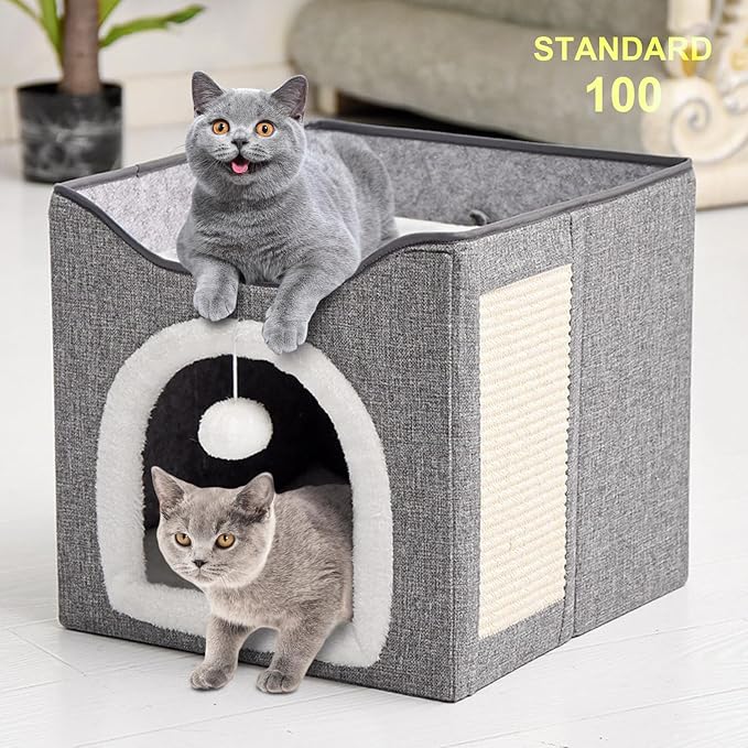 Cat House for Indoor Cat with Scratching Post, Cat Beds for Indoor Cats, Covered Cat Cave Beds & Furniture, Foldable Cat Hideaway, 16x16x15 inches, Grey