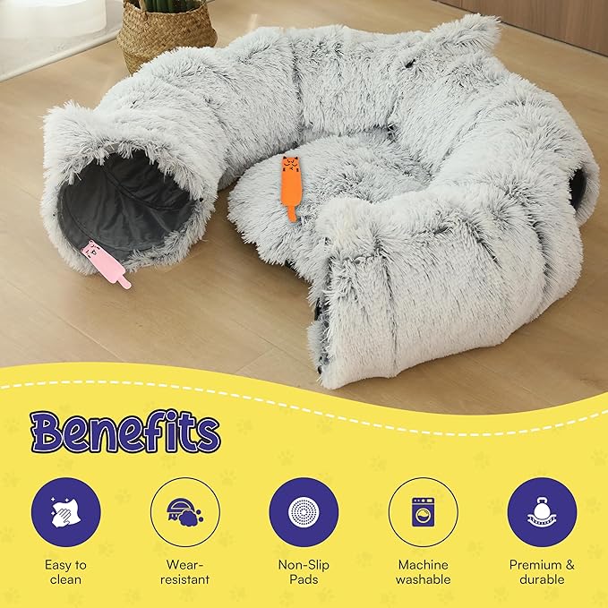 Cat Tunnel Bed with 2 Catnip Toys – Versatile Cat Tunnels for Indoor Cats, Large Cat Donut Tunnel, Cozy Cat Furniture, Peekaboo Cat Cave, Foldable Cat Tube, Cat Play Tunnel for Small Pets