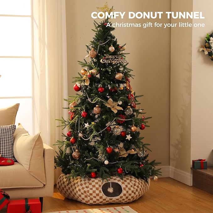 PEQULTI Cat Tunnel with Cat Bed for Indoor Cats, Cat Play Donut Tunnel with Washable Soft Plush Mat, Round Cat Tunnel Toys Cute Cat Tube for Kittens, Puppies, Rabbits and Ferrets, Brown