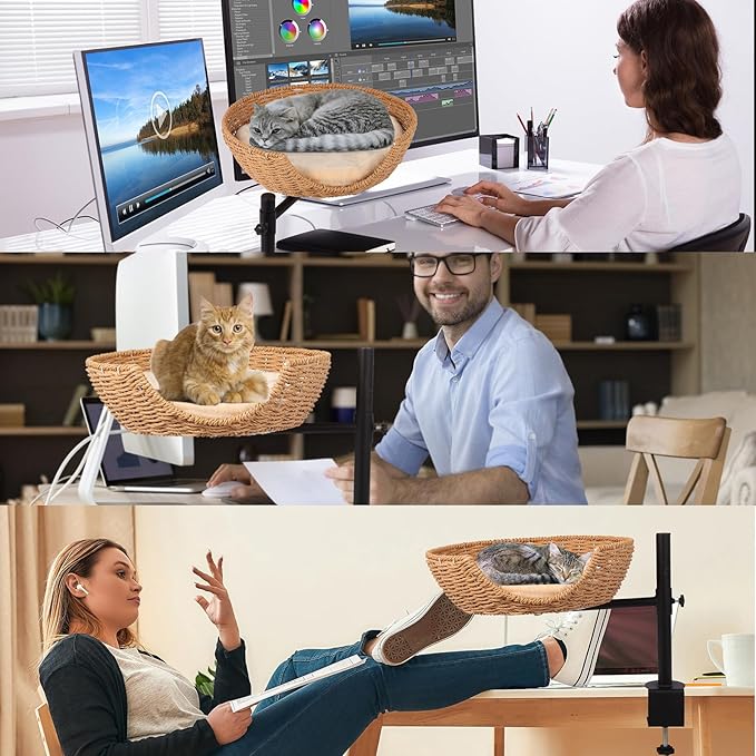 SEPAZON Cat Desk Bed Elevated, Cat Nest Bed for Desk Indoor Cats, Cat Hammock for Desk Window Bedside, Cat Shelf Bed for Kitten, Cat Furniture 360° Rotation Raised Cat Bed - Supports up to 44lbs