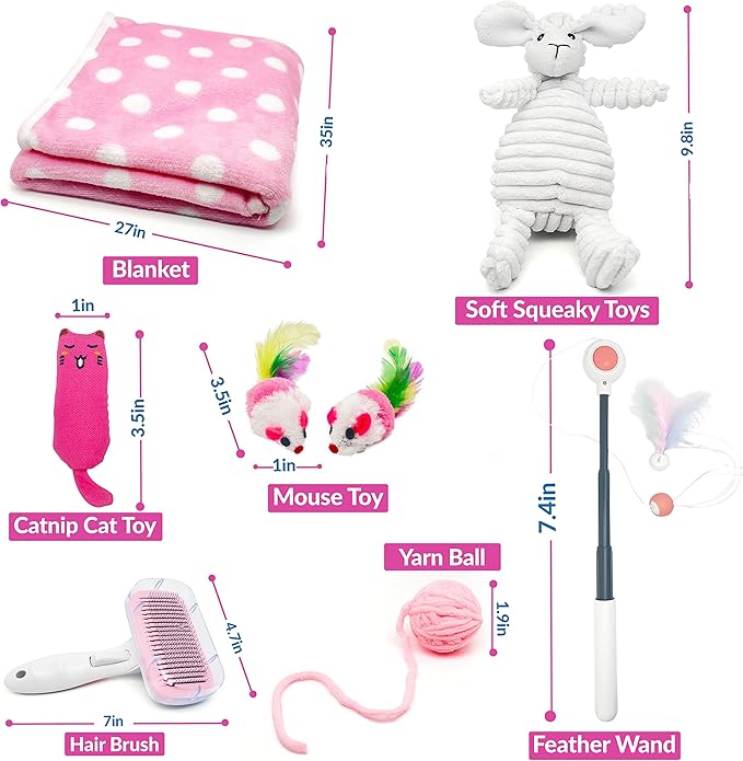 Cat Welcome Gift Set - Catnip Chew Toy, Cat Feather Mouses, Interactive String Teaser Wand, Yarn Ball, Squeaky Soft Toy, Cat Hair Brush, and Ultra Soft Blanket