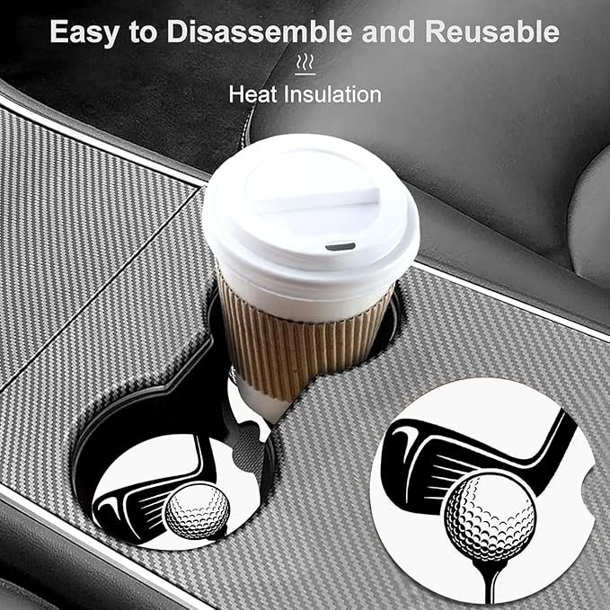 Car Coasters for Cup Holders,2 Pack Golf Car Coasters,2.75" Universal Size Anti Slip Rubber Mat,Automotive Cup Holder Decal Decor Accessories,Gifts for Golf Lovers Women,Men,Mom