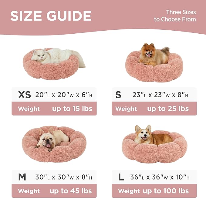 Lesure Calming Small Dog Bed - Flower Donut Round Fluffy Puppy Bed in Plush Teddy Sherpa, Non-Slip Cute Flower Cat Beds for Indoor Cats, Small Pet Bed Fits up to 25 lbs, Machine Washable, Pink 23"