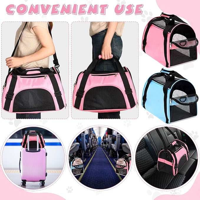 2 Pcs Pet Carrier, Soft Sided Pet Travel Carrier for Cats, Airline Approved Kitty Portable Dog Bags for Traveling Little Dogs, Rabbits, Puppy, Cat(S,Pink, Blue)