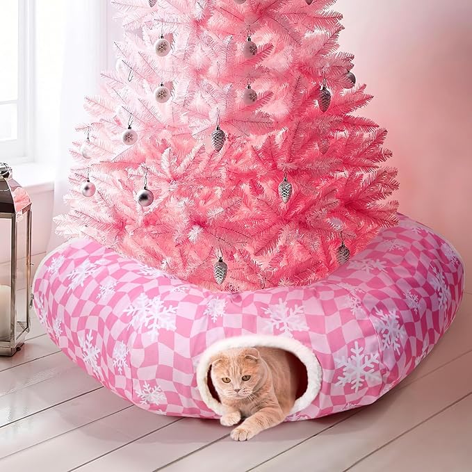 Pink Cat Tunnel Bed Peekaboo Cat Cave Donut Under Christmas Tree Pink Checker with Snowflakes Festive Decor Perfect for Small Medium Large Cats, Kittens, Rabbit, Ferret