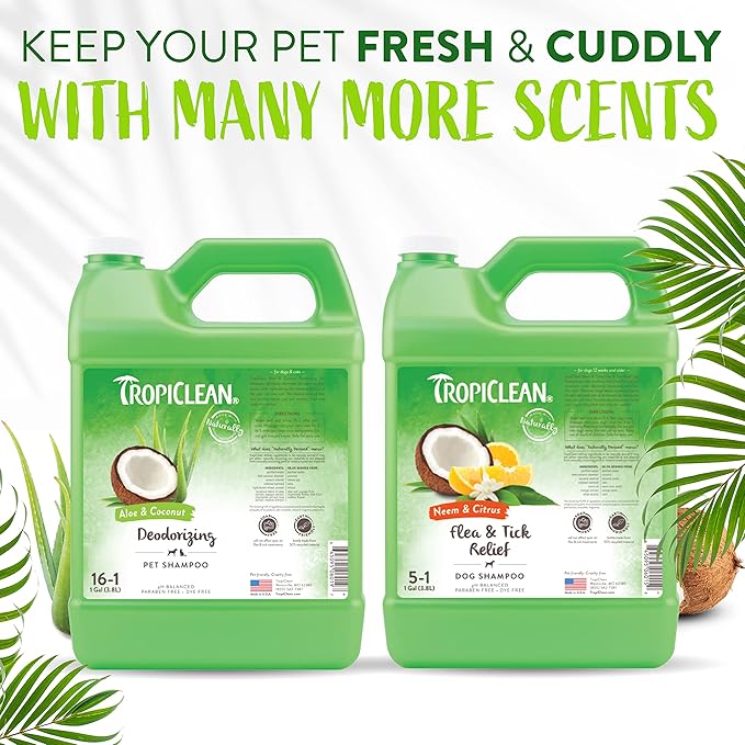 TropiClean Deodorizing Cat & Dog Shampoo for Smelly Dogs, Cats, Puppies, and Kittens, Powerful Odor Control, Coconut Scent, Made in the USA, 1 gallon