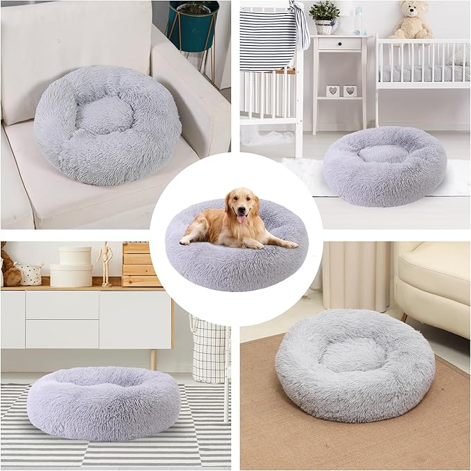 Calming Dog Bed, Dog Beds Fits up to 45 lbs Pets, Fluffy Donut Dog & Cat Bed Washable, Round Anti Anxiety Dog Bed, Small Dog Bed with Non-Slip Bottom (Light Grey, 31" x 31")