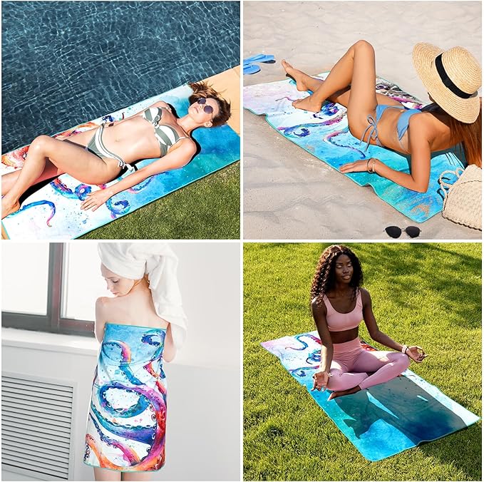 CutebriCase Octopus Beach Towel, Kraken Ocean Beach Towel Cotton Blend Soft Velour Absorbent Nautical BeachTowel for Kids Men Women Camping Towel for Gym, Hiking, Pool, Bath, Yoga,Travel Vacation