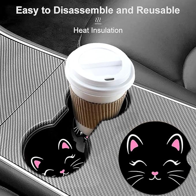 Car Coasters for Cup Holders,2 Pack Black Cat Car Coasters,2.75" Universal Size Anti Slip Rubber Mat,Automotive Cup Holder Decal Decor Accessories,Cute Cat Gifts for Women,Men,Mom