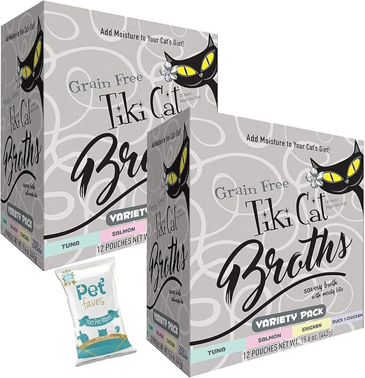 (2 Boxes) Tiki Cat Savory Broth, Grain Free Lickable Wet Food Treat, Add Moisture & Boost Flavor, 24 Pouches with 10ct pet Wipes