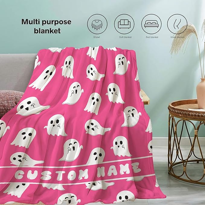 Cute Little Funny Ghost Custom Blanket Pink Ghost Spooky Personalized Throw Blankets Gifts for Girl Boy Flannel Fleece Halloween Customized Throw Blankets for Adults With Name Sofa Chair 80x60In