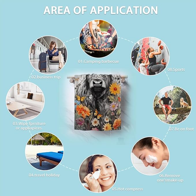 Highland Cow Hand Towels Set of 2,Daisy Flower Soft Fingertip Bath Towel Small Face Washcloths Decor Kitchen Towel for Hotel Spa Gym Sport 28x14in