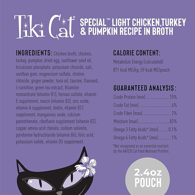 Tiki Cat Special Light Mousse, Chicken, Turkey & Pumpkin, Formulated to Support Healthy Trim and Fit, Functional Wet Cat for Adult Cats, 2.4 oz. Pouch (Pack of 12)