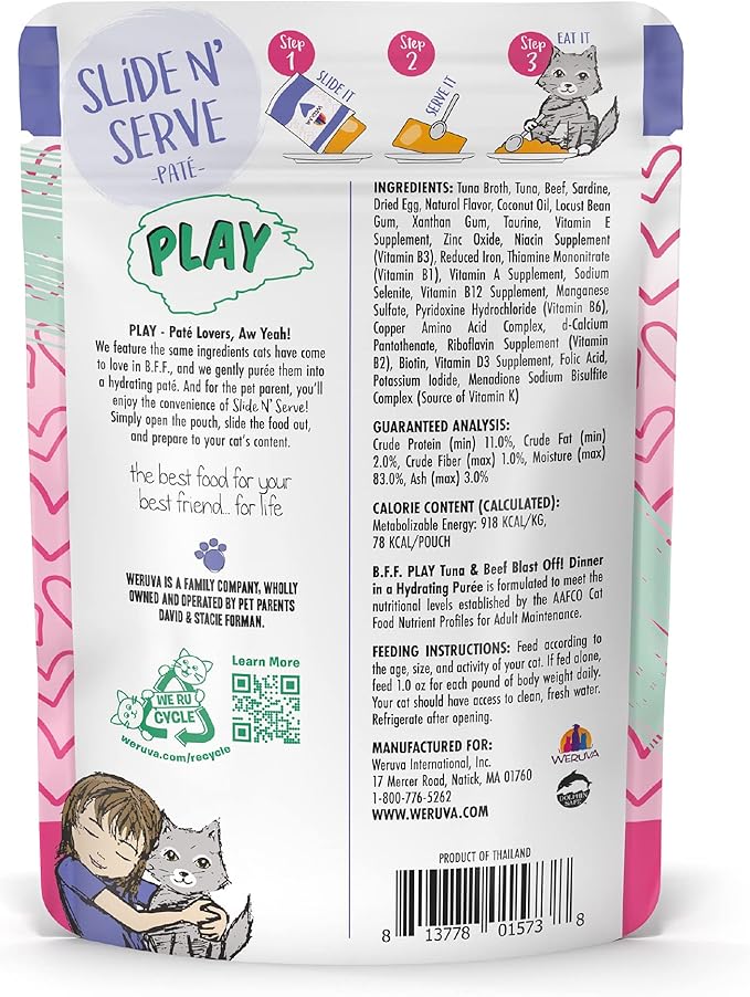 Weruva B.F.F. Play - Best Feline Friend Paté Lovers, Aw Yeah!, Tuna & Beef Blast Off! with Tuna & Beef, 3oz Pouch (Pack of 12)