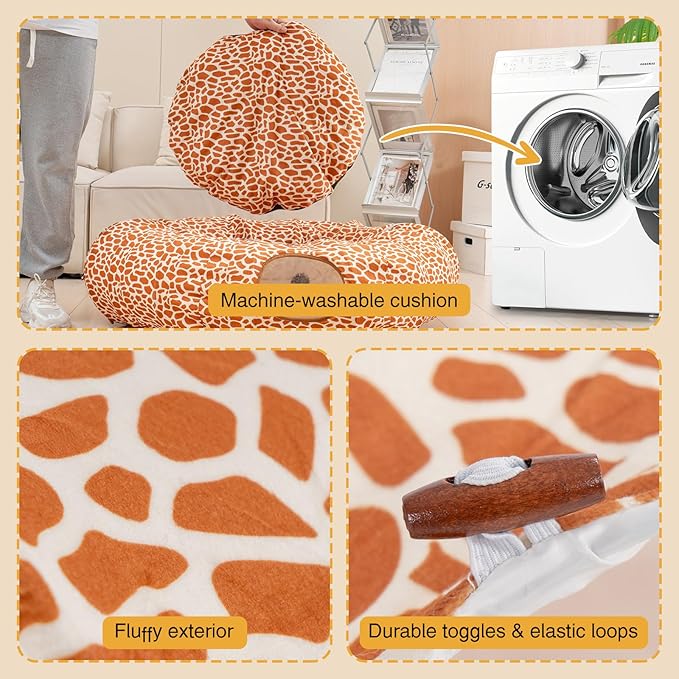 Avont Cat Tunnel Bed with Central Washable Cushion - Large Cat Tunnel Tube Toys 3 Shape to Play for Indoor Cats Kittens Puppies Ferret, Round Plush Fluffy Cat Bed with Tunnels -Giraffe