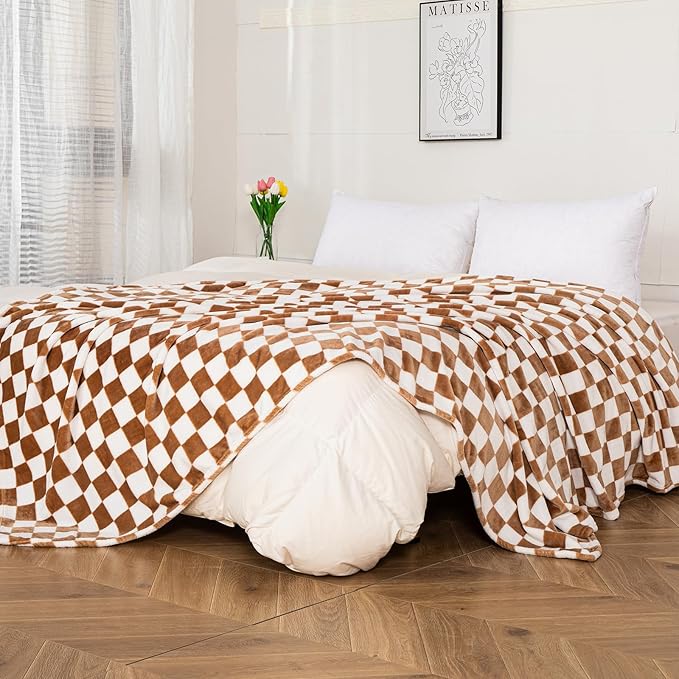 Checkered Throw Blanket | Soft Fleece Flannel Cozy Checkerboard Grid Blanket | Couch Sofa Bed Chessboard Blankets Throws | Birthday Valentine's Day Gifts 40"x60" Khaki Blanket