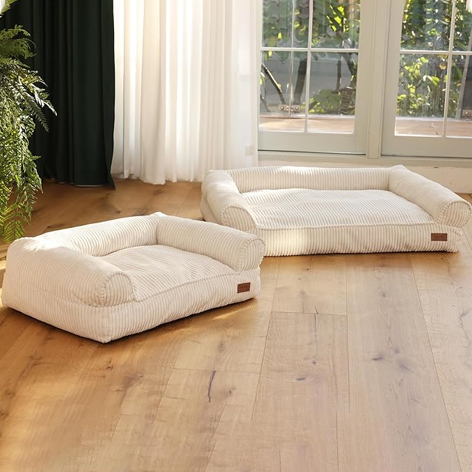 FUKUMARU Cat Couch Bed, Corduroy Cozy Cat Bed for Indoor Cats with Removable Washable Cover, Supportive Anti-Slip Dog Beds Sofa for Small Dogs Cute, 27inch, Medium, Cream