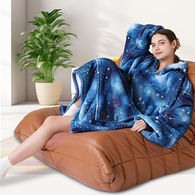 THREE POODLE Wearable Blanket Hoodie for Women, Oversized Sherpa Sweatshirt Blanket for Adults Men, Warm Cozy Star Hooded Blanket, Gifts for Mom Girlfriend Sister