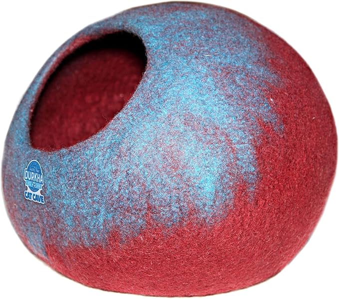 Felt Cat Cave Bed, Handmade Covered Cat Bed Cave, Wooly Cave for Cats, Dome Shaped Cat Pod, Cat Beds & Furniture, Felt Cat Beds for Indoor Cats (Light Blue and Burgundy)
