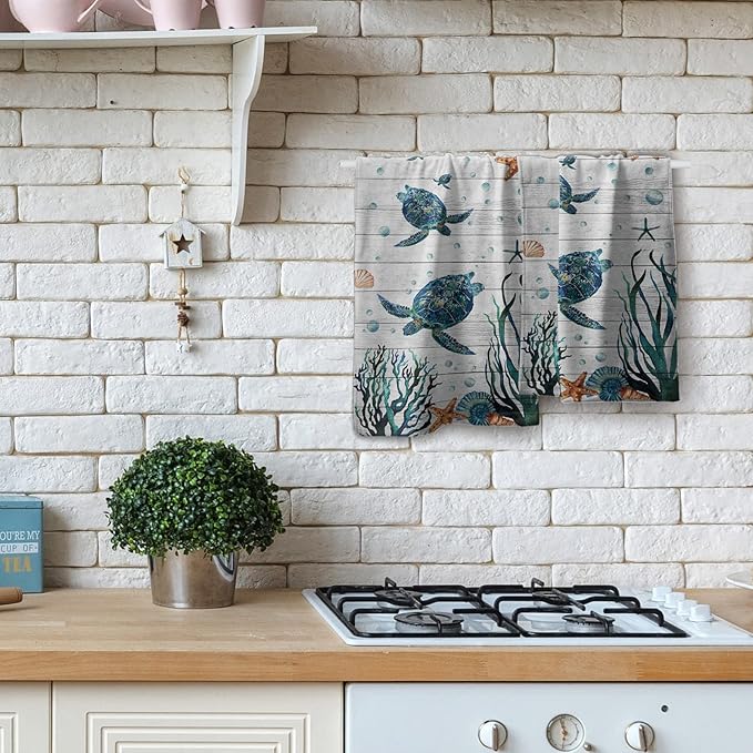 Sea Turtle Hand Towels Set of 2 Tropical Ocean Guest Bath Towel Soft Fingertip Kitchen Dish Towel Gym Spa Home Bathroom Decorations