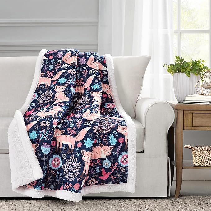 Lush Decor Pixie Fox Reversible Sherpa Throw Blanket, 50” W x 60" L, Navy & Pink - Quilted Toddler Blankets for Girls - Colorful Floral Print- Soft & Fluffy Kids Blanket for Bed, Couch Or Chair