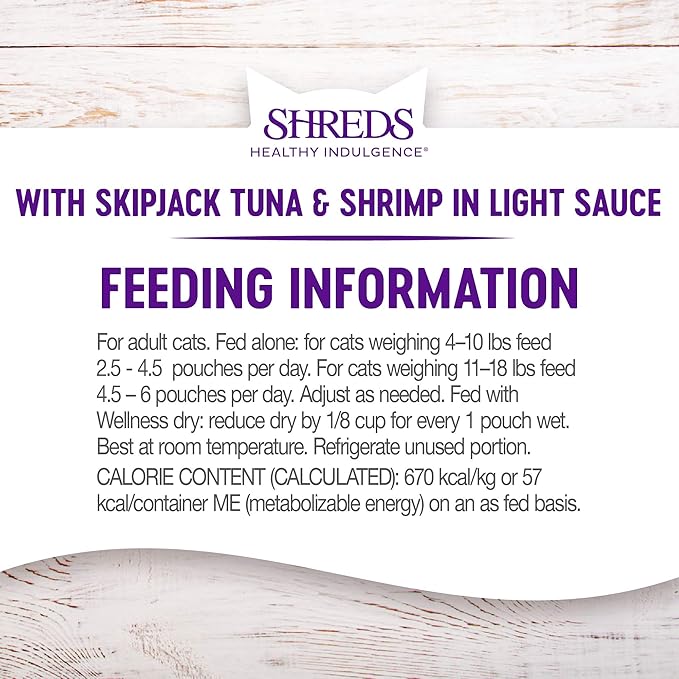 Wellness Healthy Indulgence Shreds Grain-Free Wet Cat Food, Made with Natural Ingredients and Quality Proteins, Complete and Balanced Meal, 3 oz Pouches (Tuna & Shrimp in Light Sauce, 24 Pack)
