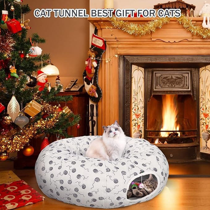 Ownpets Large Cat Tunnel Bed 12 inch Diameter for Large Cats Up to 35 Lbs, Cat Donut Tunnel Bed with Soft Mat, Soft Plush Cat Tube, Peekaboo Cat Cave, Gray