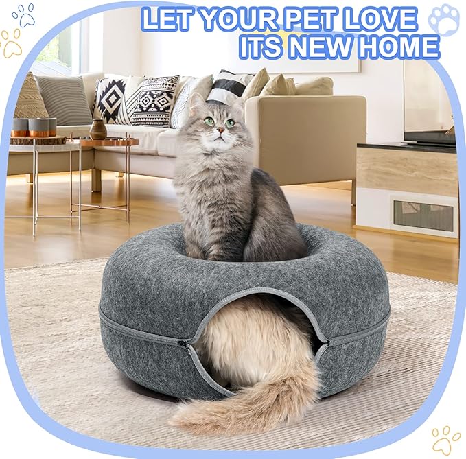 Cat Tunnel Bed, FULUWT Cat Tunnel with Ventilated Window for Indoor Cats, Cat Cave for Hideaway, Anti-Collapse Felt Donut Tunnel for Small Pets. (20 Inch, Dark Grey)